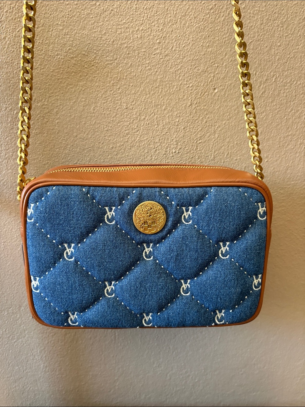 Vince Camuto Blue Quilted Denim & Leather Crossbody with Gold Chain